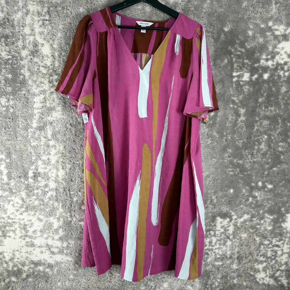 Nine West Size XXL Abstract Print V-Neck Shift Dress Pink Short Sleeve Women